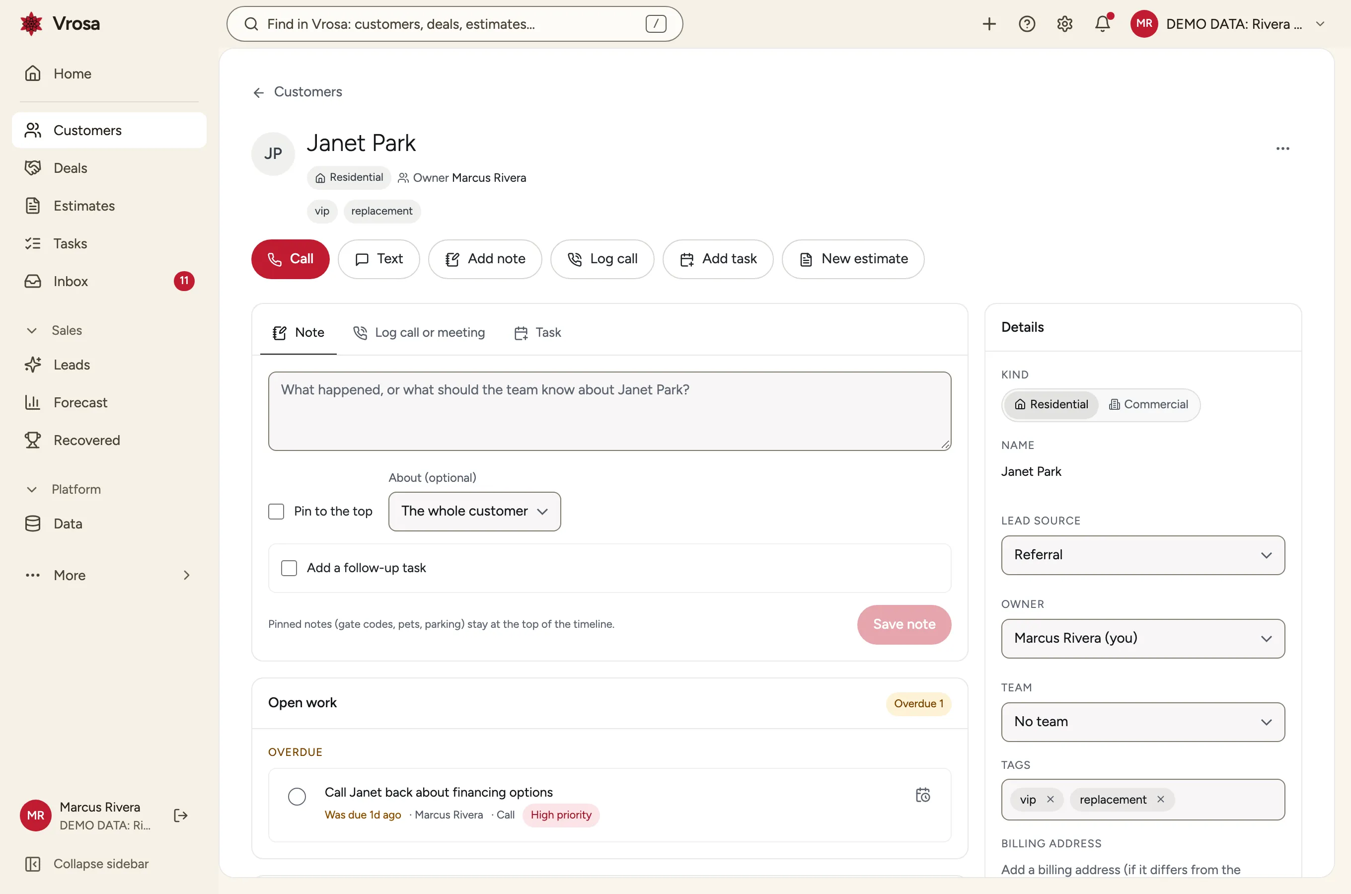 A Vrosa customer record
