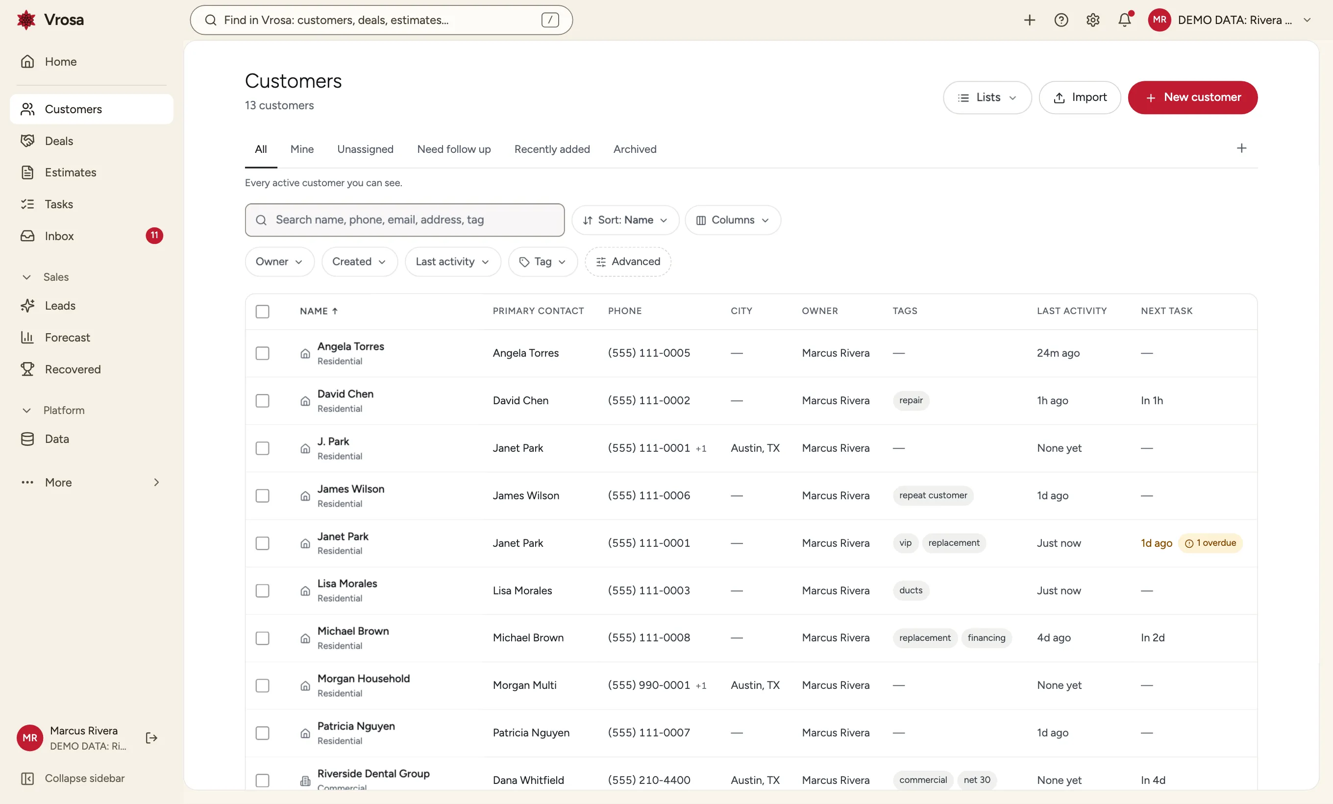 The Vrosa customer list showing an owner for each customer