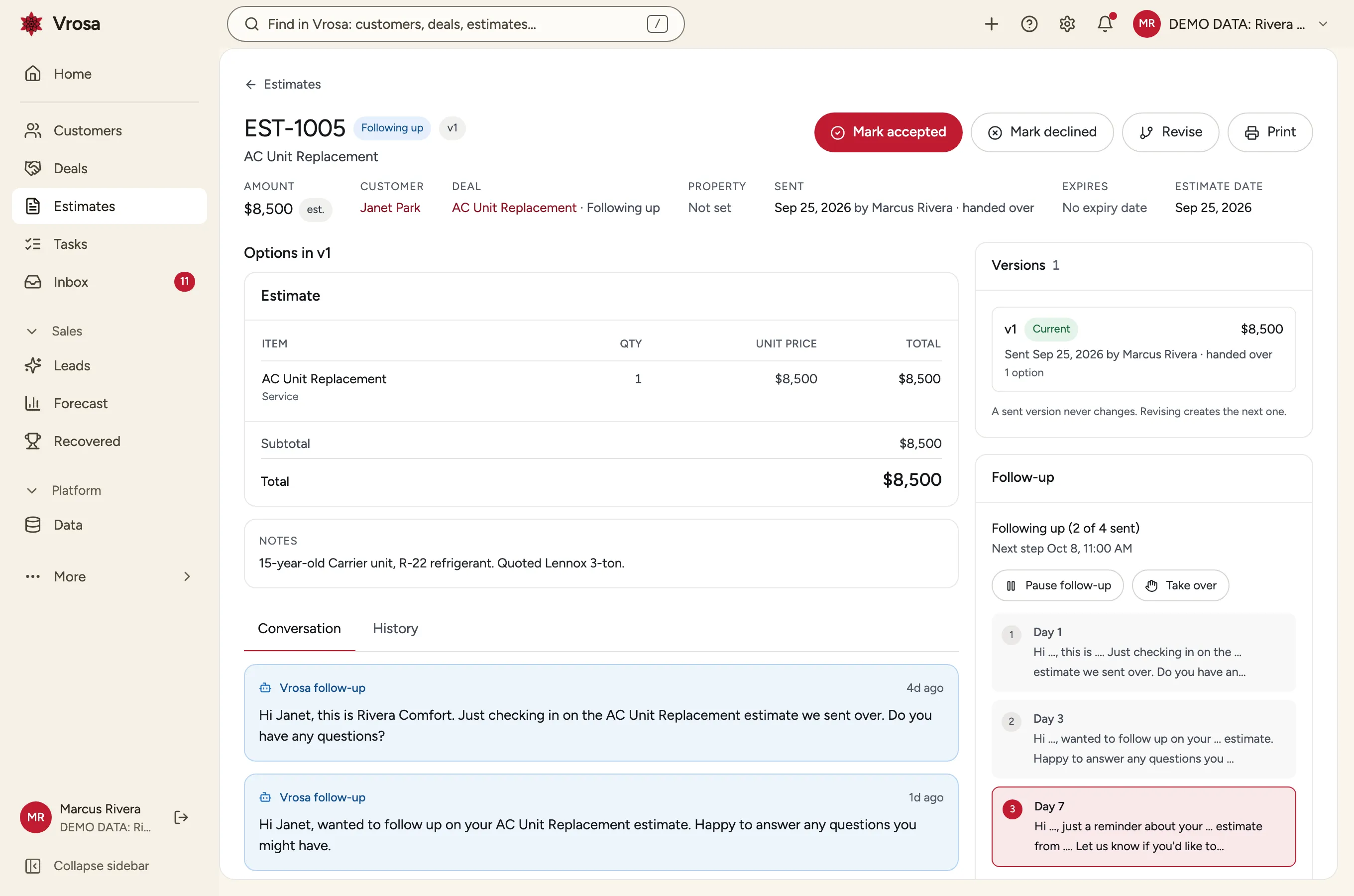 A Vrosa estimate with its follow-up sequence and conversation, using example data