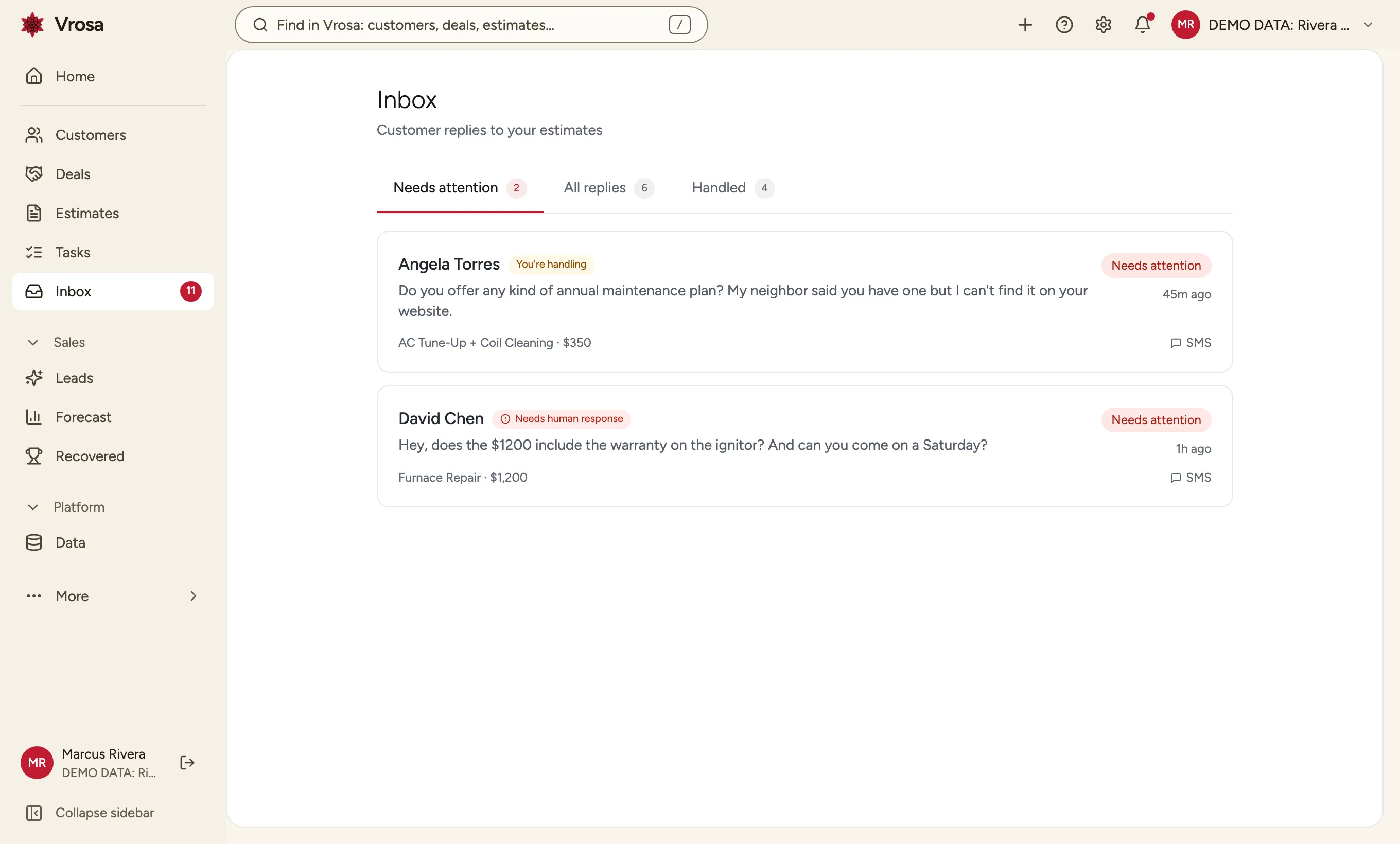 The Vrosa inbox showing two customer replies flagged as needing attention