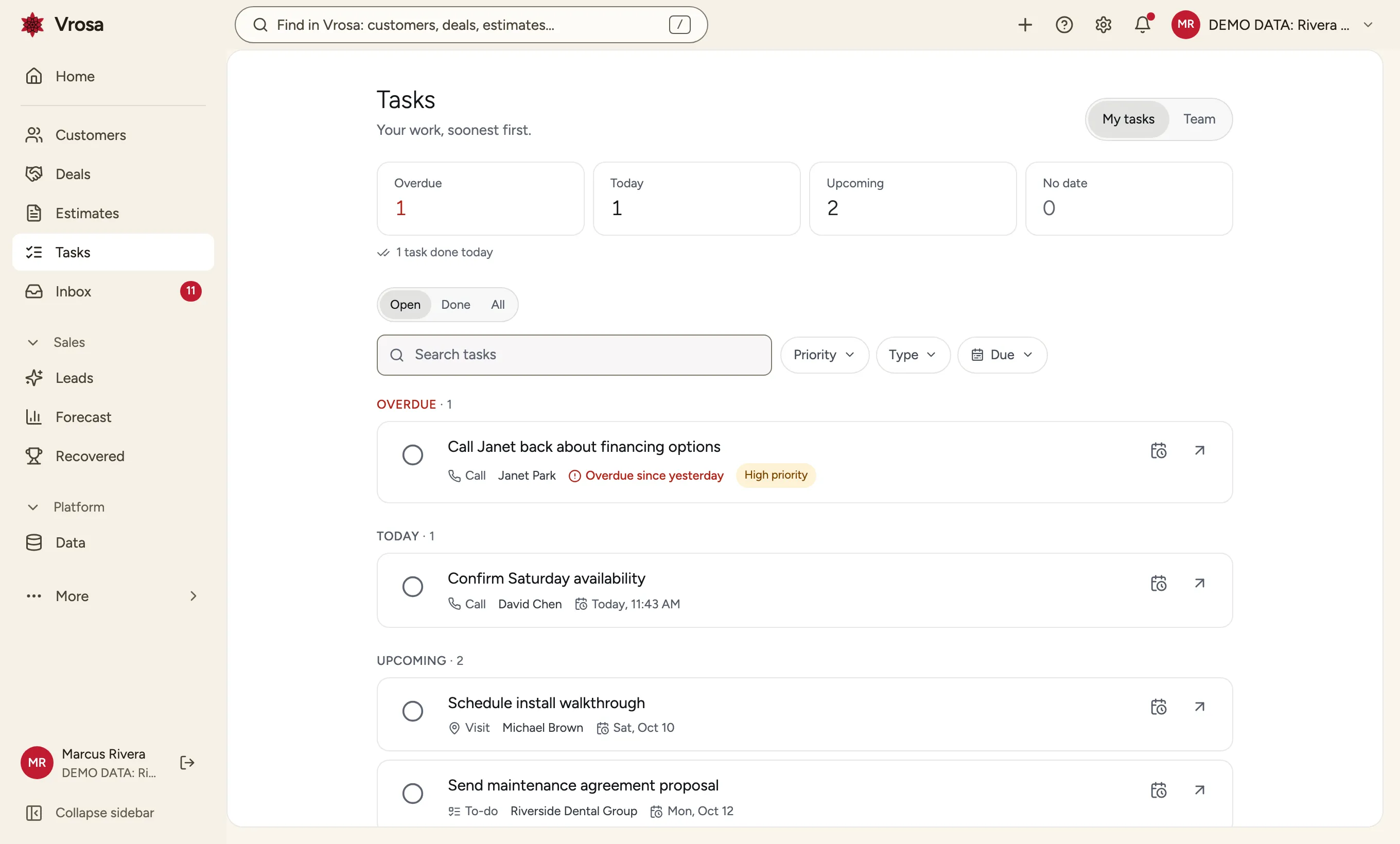 Vrosa tasks by person and due date